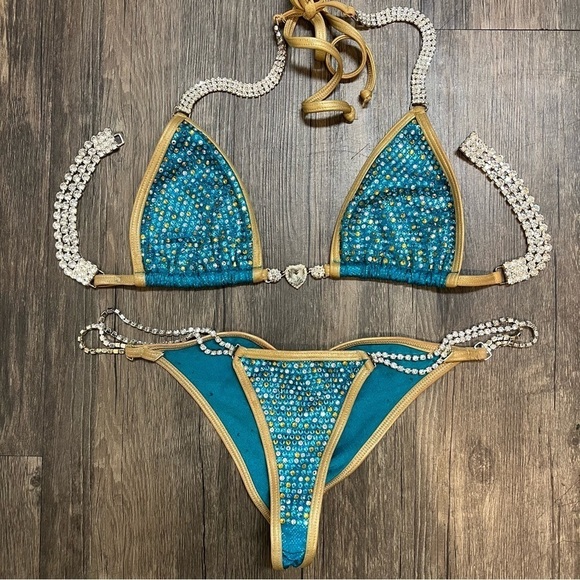 Competition Bikini Suit Bodybuilding Gold Encrusted Rhinestone Blue Muscle Fit S - Picture 5 of 17